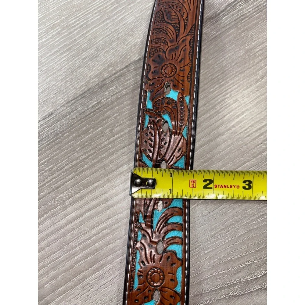Western Floral Tooled Belt Turquoise Accents Rhinestone Buckle‎ Brown Cowgirl